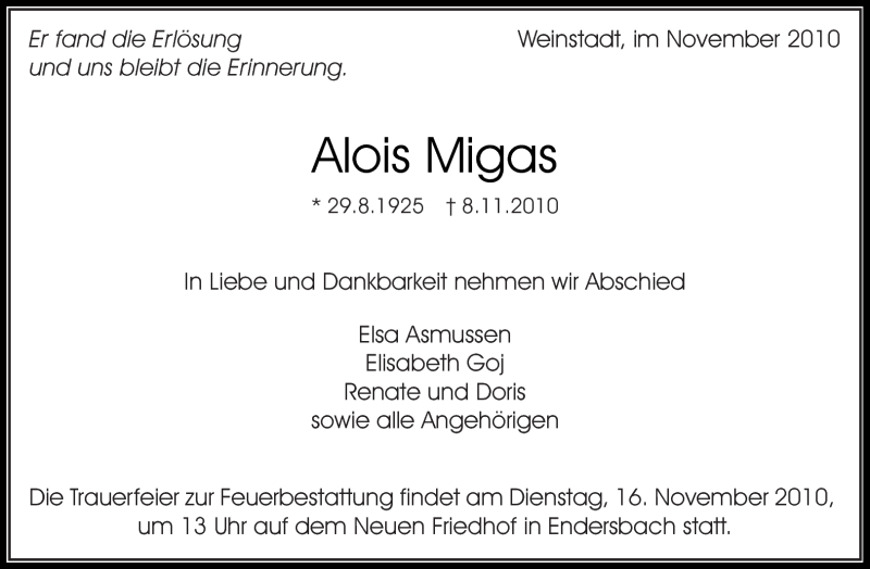 Traueranzeigen Von Alois Migas Zvw Trauer