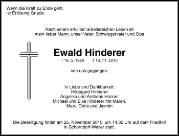 Traueranzeigen Von Ewald Hinderer Zvw Trauer