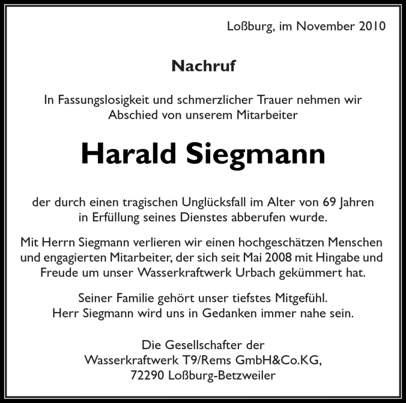 Traueranzeigen Von Harald Siegmann ZVW Trauer