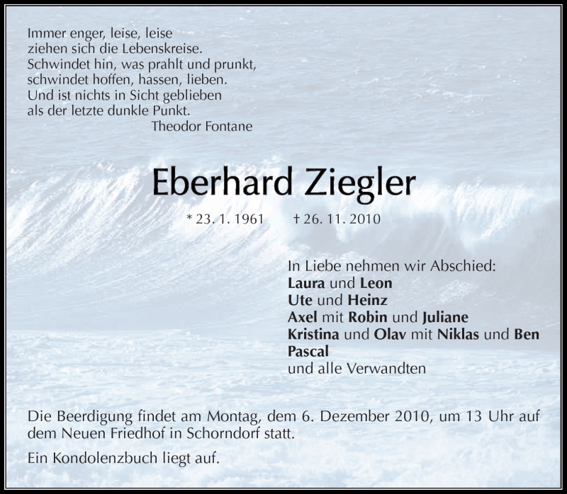 Traueranzeigen Von Eberhard Ziegler ZVW Trauer