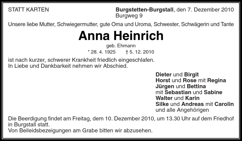 Traueranzeigen Von Anna Heinrich ZVW Trauer