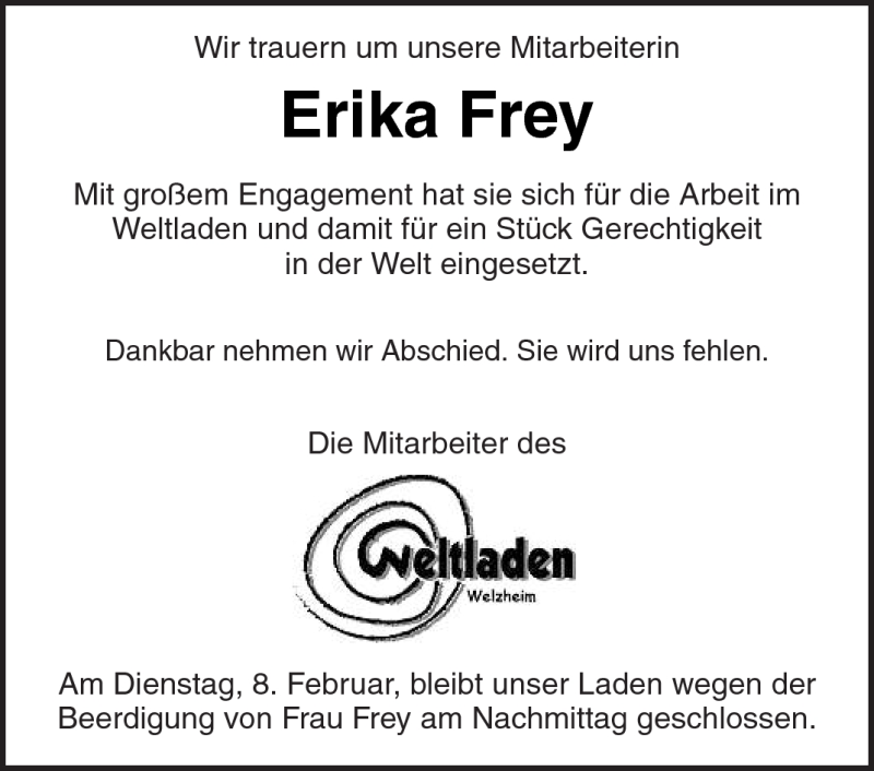 Traueranzeigen Von Erika Frey Zvw Trauer