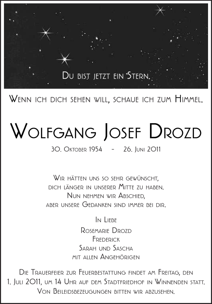 Traueranzeigen Von Wolfgang Josef Drozd Zvw Trauer