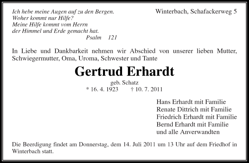 Traueranzeigen Von Gertrud Erhardt ZVW Trauer