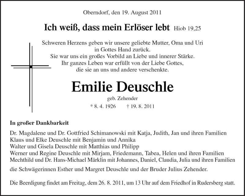 Traueranzeigen Von Emilie Deuschle Zvw Trauer