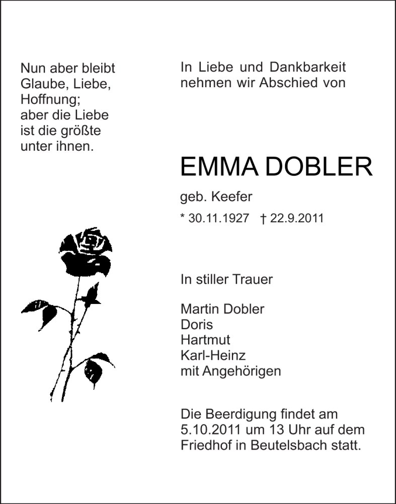 Traueranzeigen Von Emma Dobler Zvw Trauer