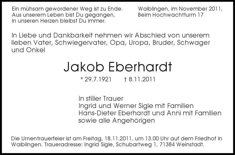 Traueranzeigen Von Jakob Eberhardt ZVW Trauer