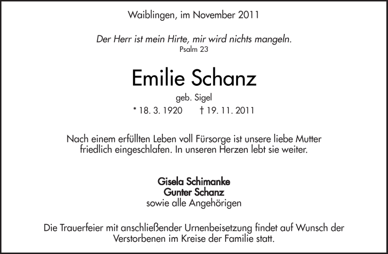 Traueranzeigen Von Emilie Schanz Zvw Trauer