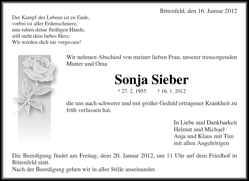 Traueranzeigen Von Sonja Sieber Zvw Trauer