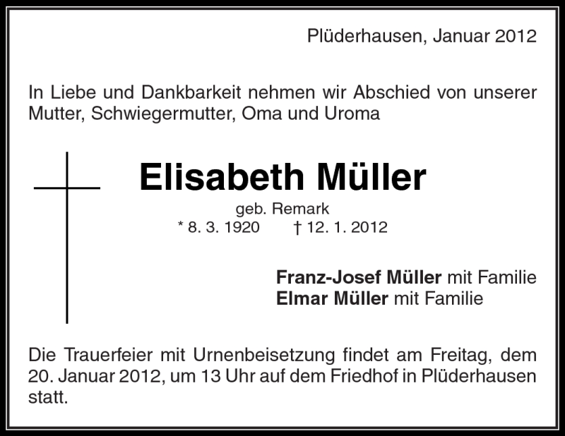 Traueranzeigen Von Elisabeth M Ller Zvw Trauer