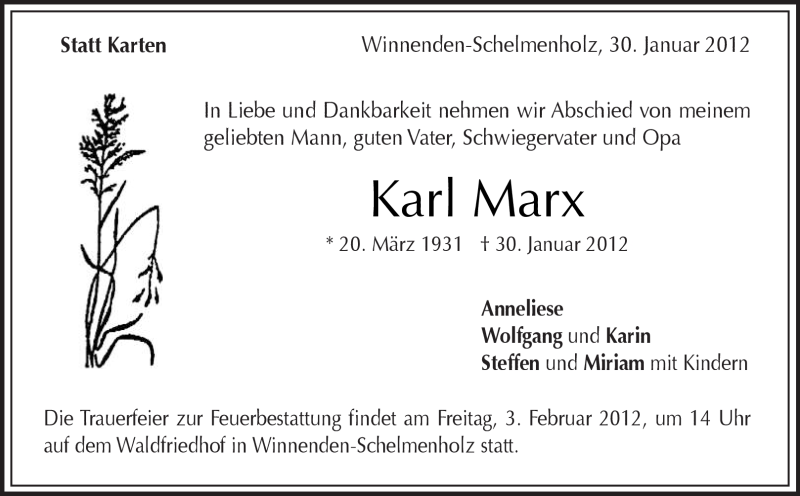 Traueranzeigen Von Karl Marx ZVW Trauer