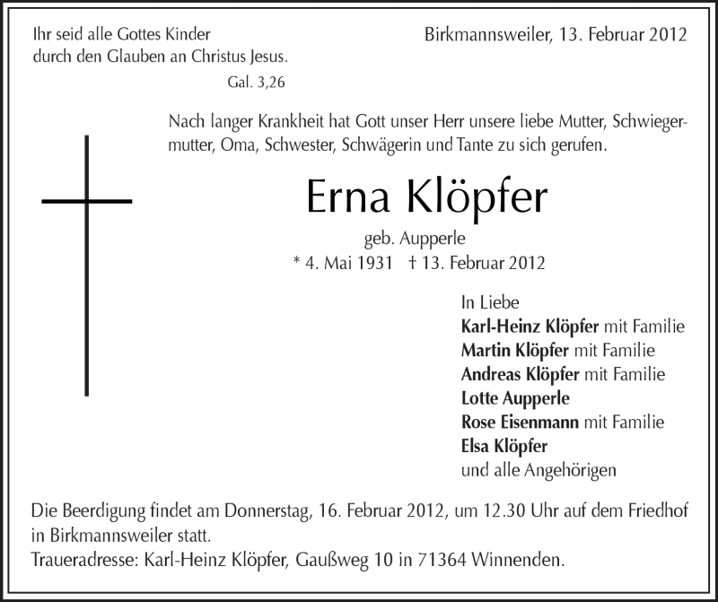 Traueranzeigen Von Erna Kl Pfer Zvw Trauer