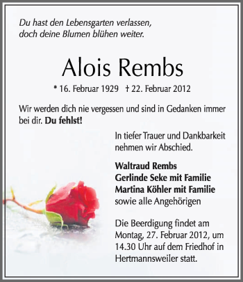 Traueranzeigen Von Alois Rembs ZVW Trauer