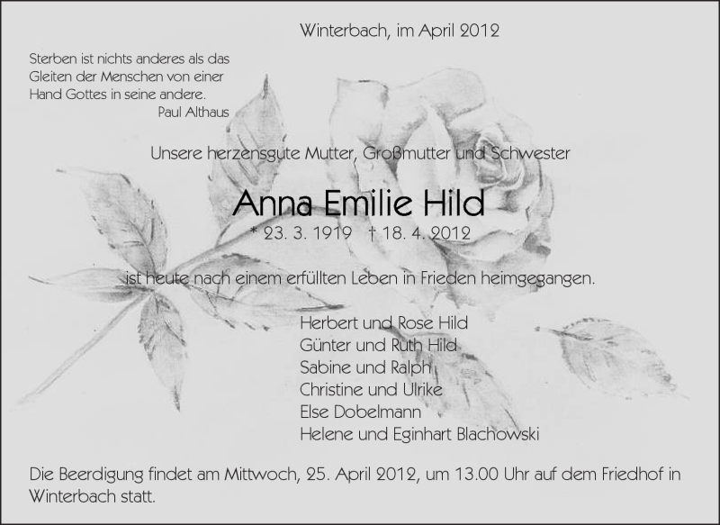 Traueranzeigen Von Anna Emilie Hild Zvw Trauer