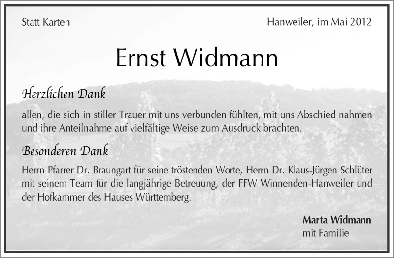 Traueranzeigen Von Ernst Widmann ZVW Trauer