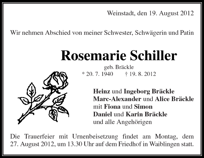 Traueranzeigen Von Rosemarie Schiller ZVW Trauer