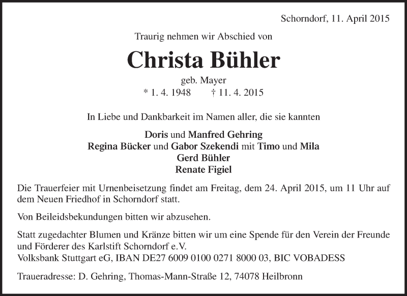 Traueranzeigen von Christa Bühler ZVW Trauer