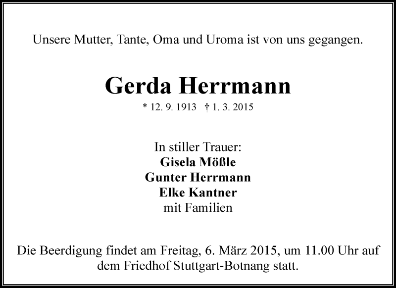 Traueranzeigen Von Gerda Herrmann ZVW Trauer