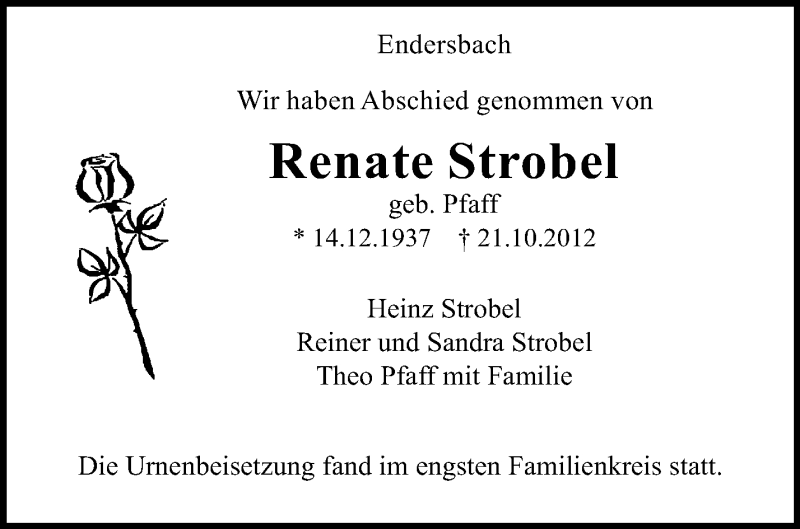 Traueranzeigen Von Renate Strobel Zvw Trauer