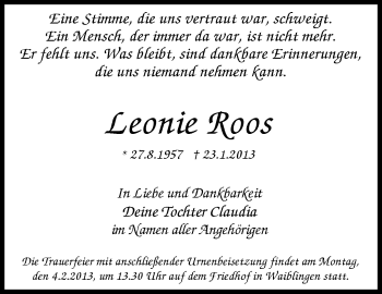 Traueranzeigen Von Leonie Roos ZVW Trauer