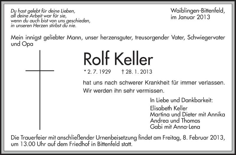 Traueranzeigen Von Rolf Keller ZVW Trauer