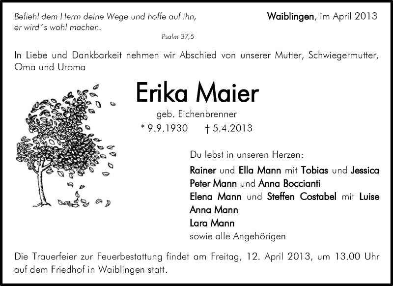 Traueranzeigen Von Erika Maier ZVW Trauer