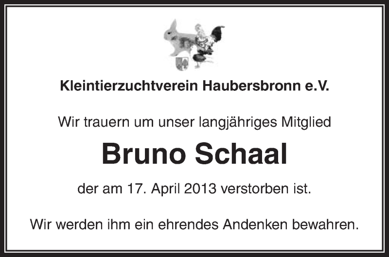 Traueranzeigen Von Bruno Schaal ZVW Trauer