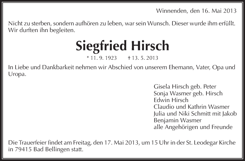 Traueranzeigen Von Siegfried Hirsch Zvw Trauer