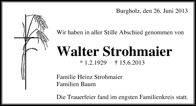 Traueranzeigen Von Walter Strohmaier Zvw Trauer