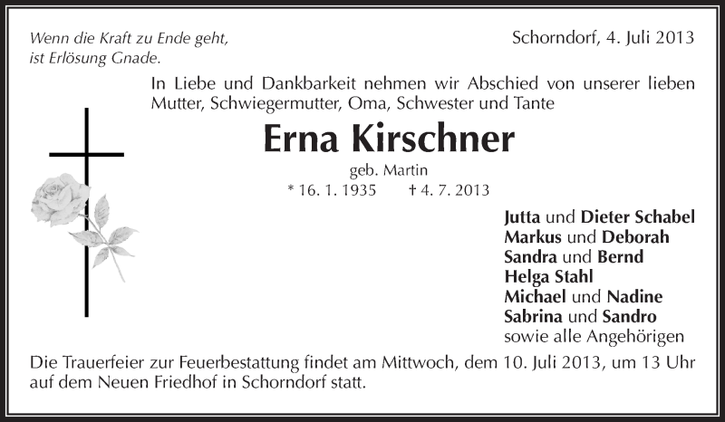 Traueranzeigen Von Erna Kirschner Zvw Trauer