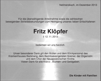 Traueranzeigen Von Fritz Kl Pfer Zvw Trauer