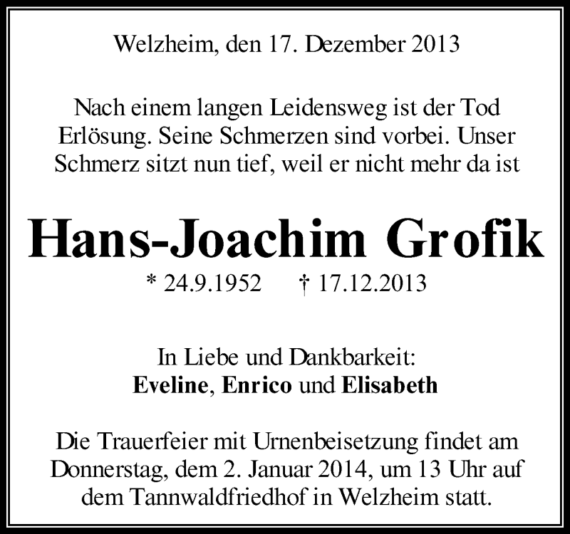 Traueranzeigen Von Hans Joachim Grofik ZVW Trauer