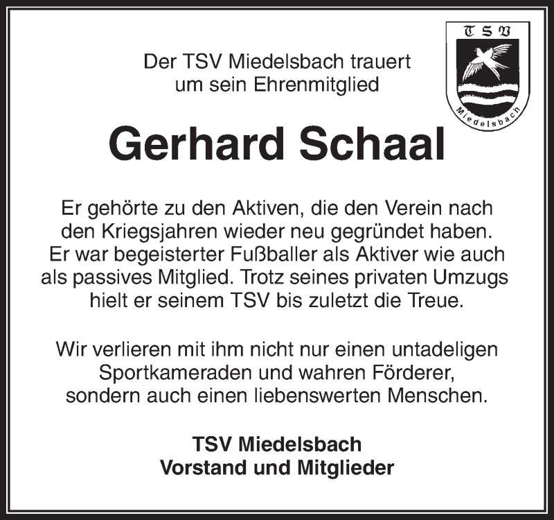 Traueranzeigen Von Gerhard Schaal ZVW Trauer