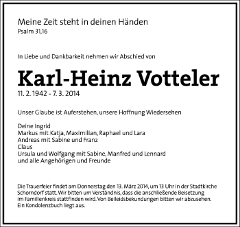 Traueranzeigen Von Karl Heinz Votteler Zvw Trauer