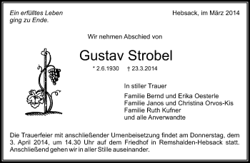 Traueranzeigen Von Gustav Strobel ZVW Trauer