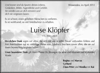 Traueranzeigen von Luise Klöpfer ZVW Trauer