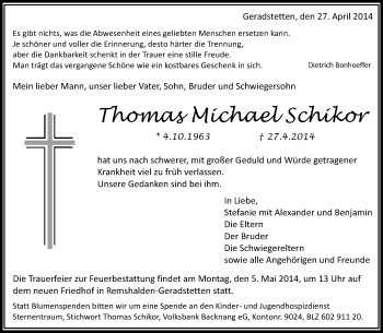 Traueranzeigen Von Thomas Michael Schikor Zvw Trauer