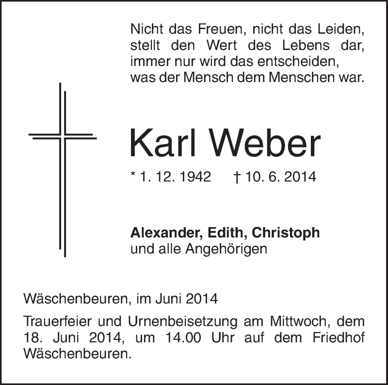 Traueranzeigen Von Karl Weber ZVW Trauer