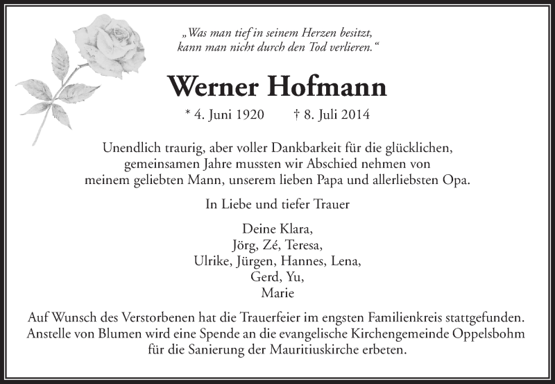 Traueranzeigen Von Werner Hofmann ZVW Trauer