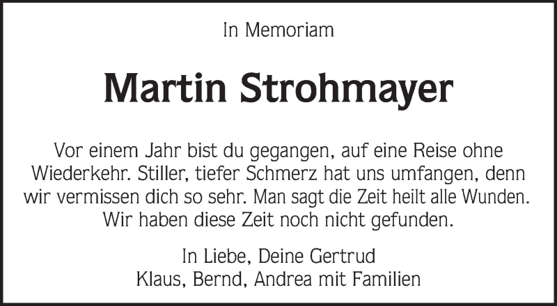 Traueranzeigen Von Martin Strohmayer Zvw Trauer