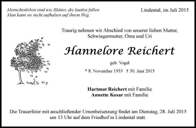 Traueranzeigen Von Hannelore Reichert Zvw Trauer