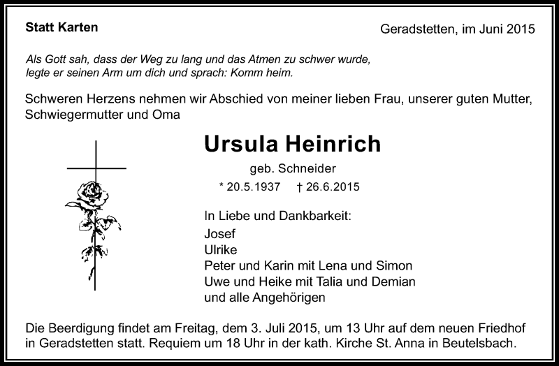 Traueranzeigen Von Ursula Heinrich ZVW Trauer