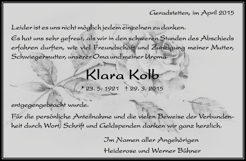 Traueranzeigen Von Klara Kolb Zvw Trauer