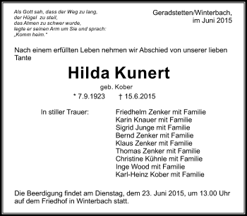 Traueranzeigen Von Hilda Kunert ZVW Trauer