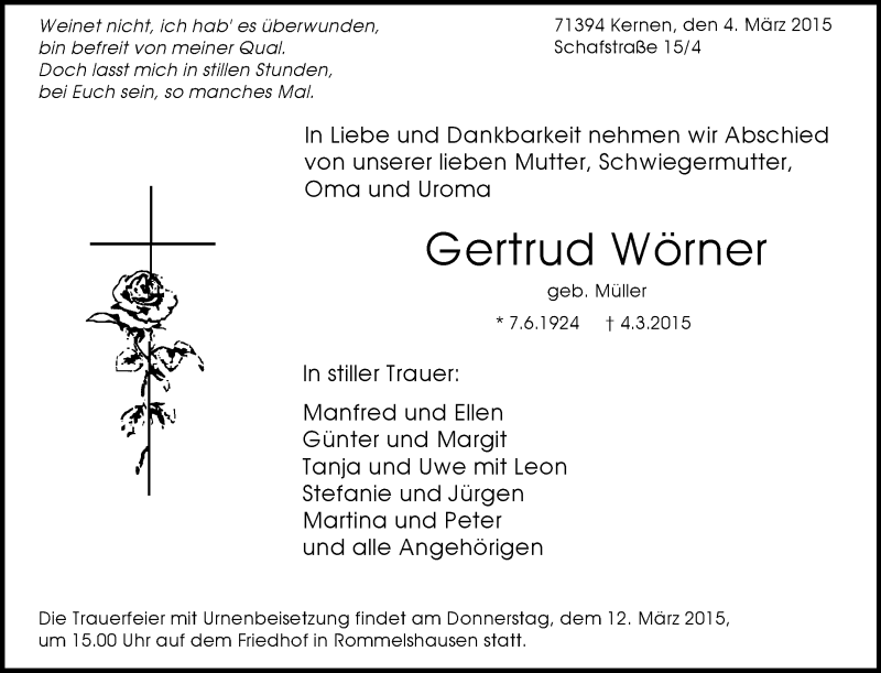 Traueranzeigen von Gertrud Wörner ZVW Trauer