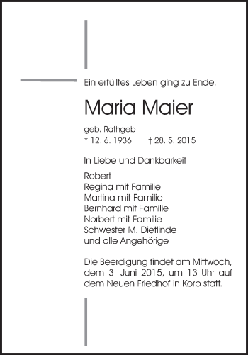 Traueranzeigen Von Maria Maier ZVW Trauer