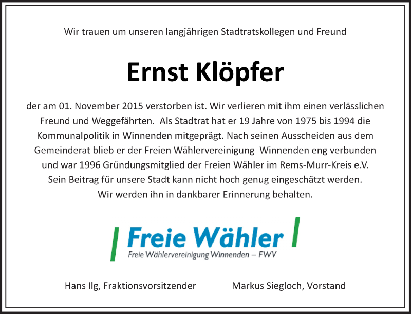 Traueranzeigen von Ernst Klöpfer ZVW Trauer