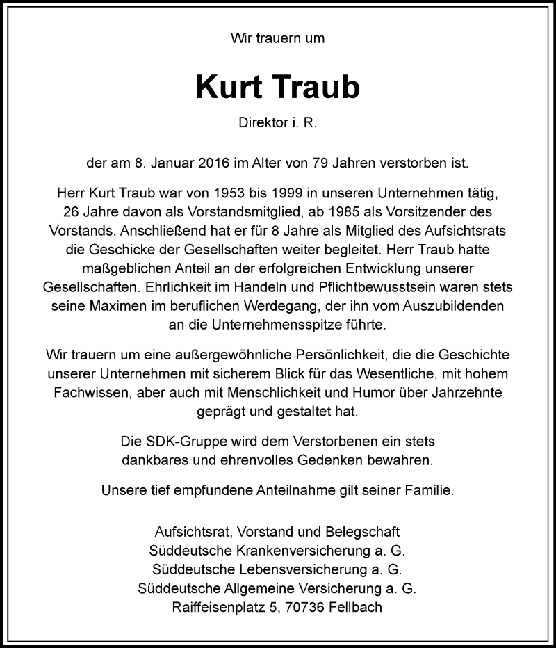 Traueranzeigen Von Kurt Traub ZVW Trauer