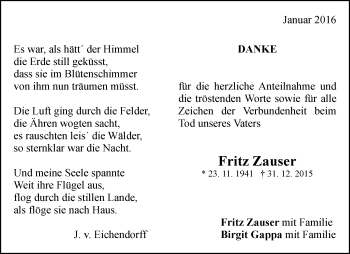 Traueranzeigen Von Fritz Zauser Zvw Trauer