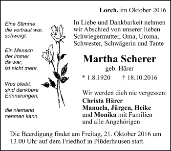 Traueranzeigen Von Martha Scherer ZVW Trauer